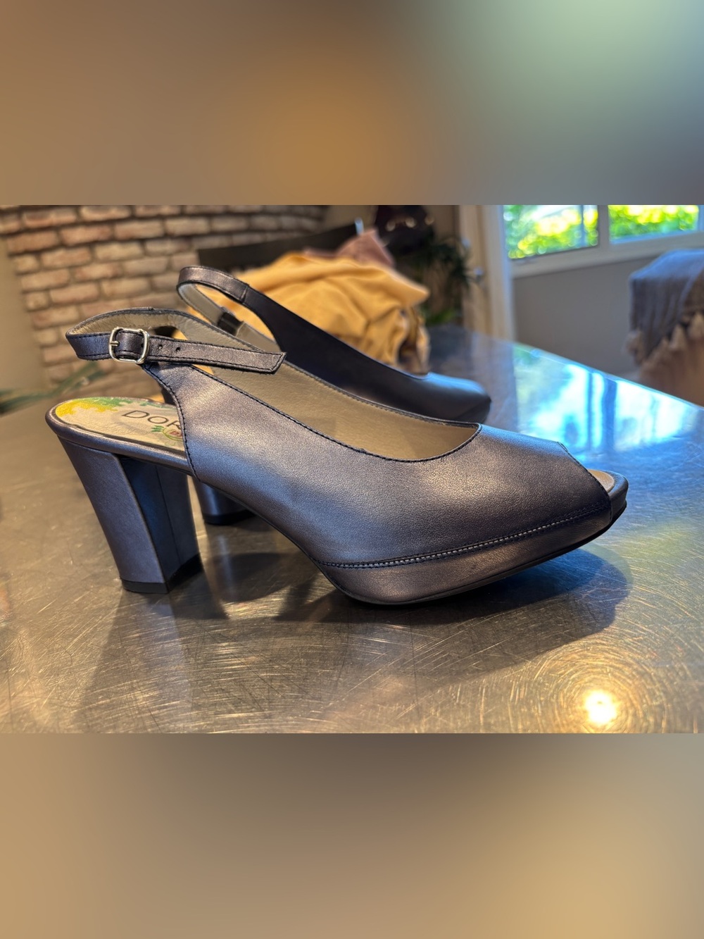 Dorking Blue Shimmer Peep-Toe Slingback Heels Size 39 Timeless Comfort Travel - Picture 2 of 10